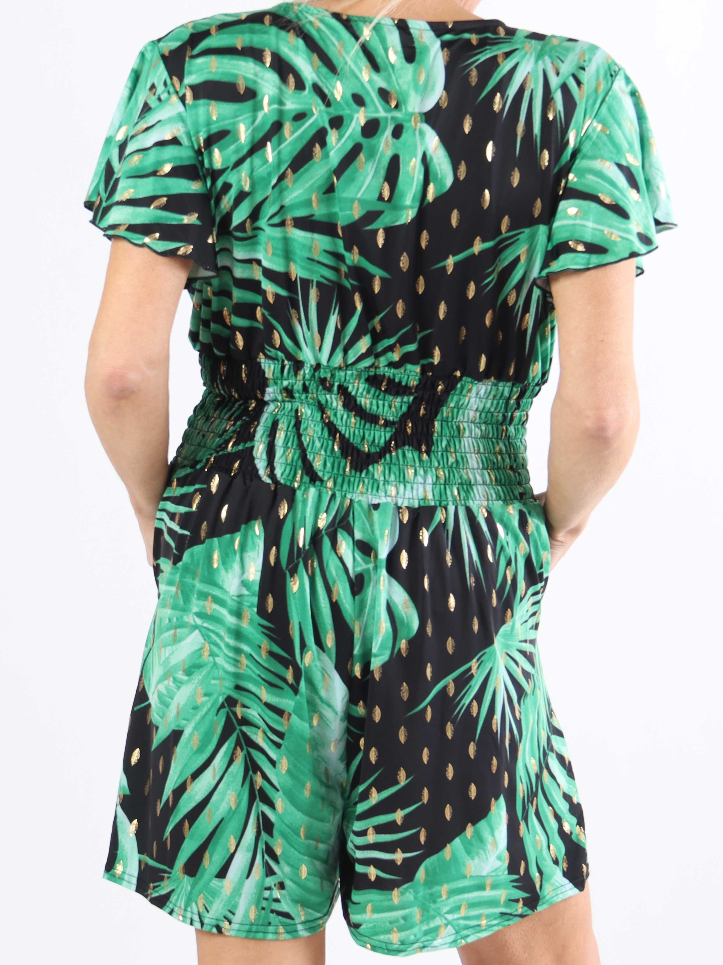 Pams Leaf Playsuit - Elastisk plus size buksedragt med bladmønster
